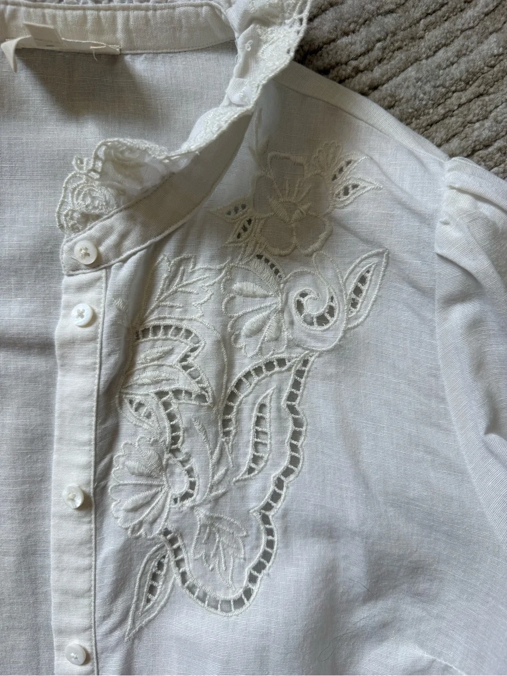 Sézane Lilia Blouse White Linen Cotton Embroidered Lace Ruffle Collar FR38 US6 - Picture 4 of 11